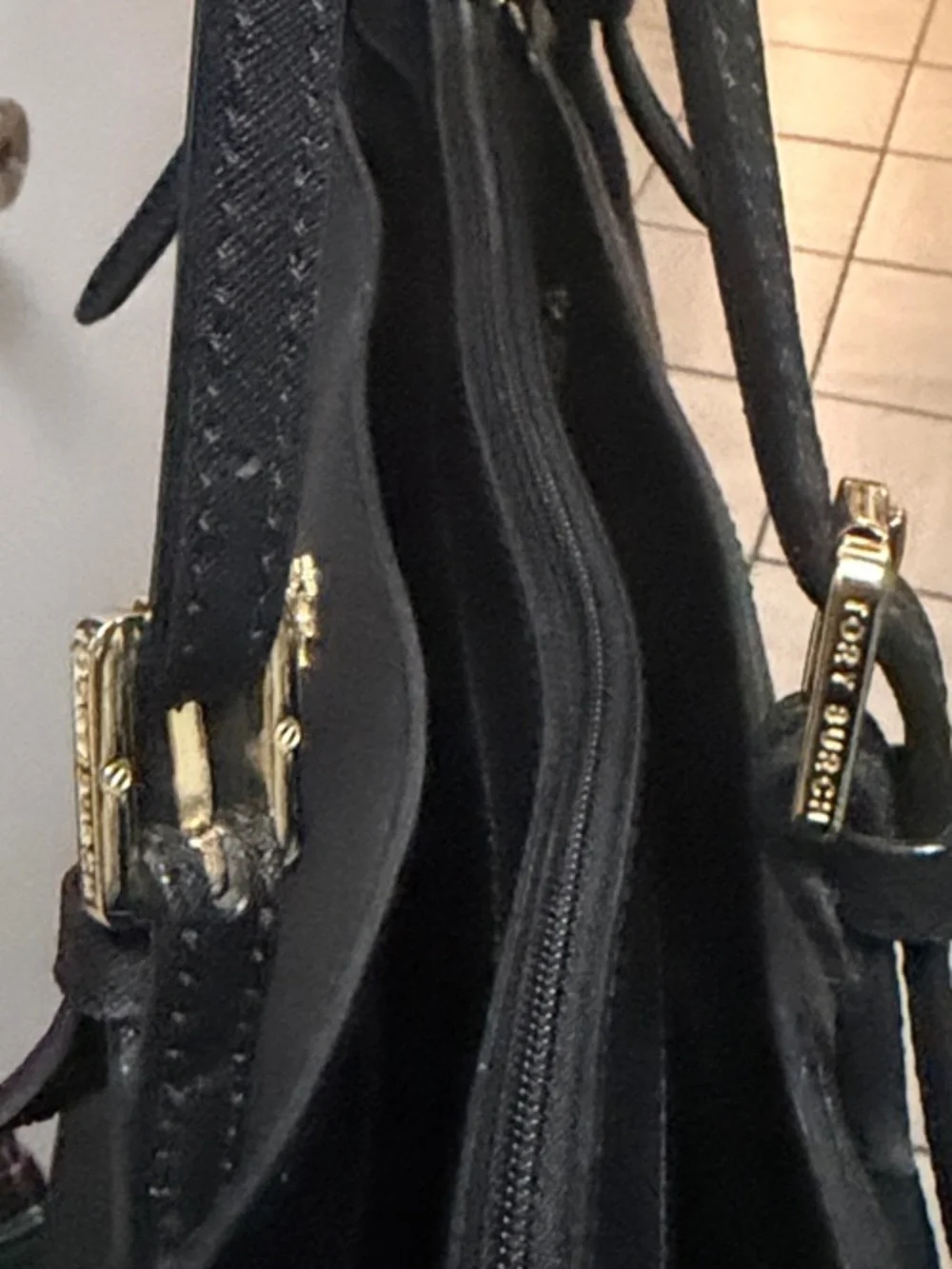 Tory Burch Black Saffiano Leather Shoulder Tote with Gold Logo